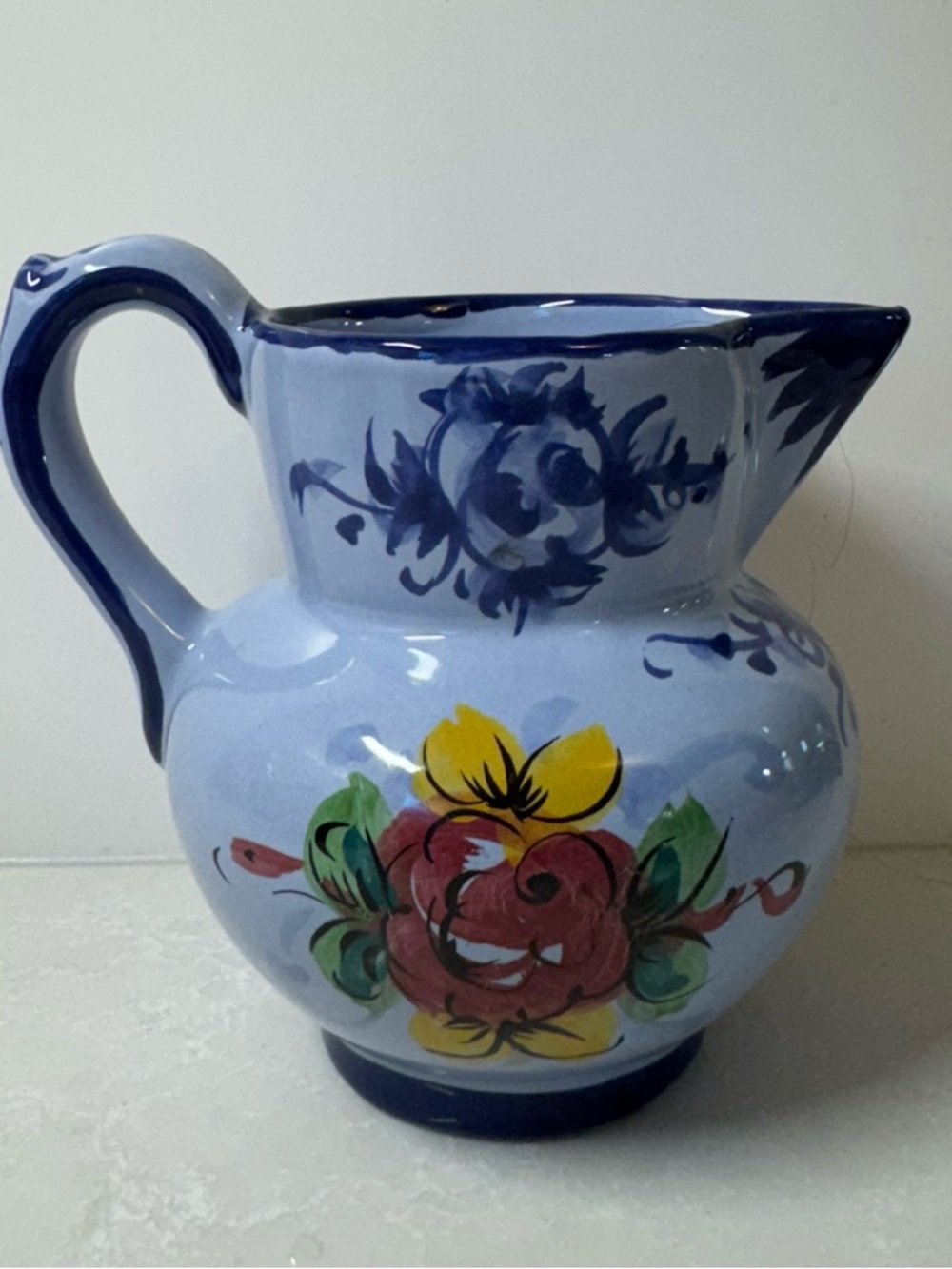 Vintage Handpainted Vestal Alcobaça Portugal Pottery blue floral creamer pitcher